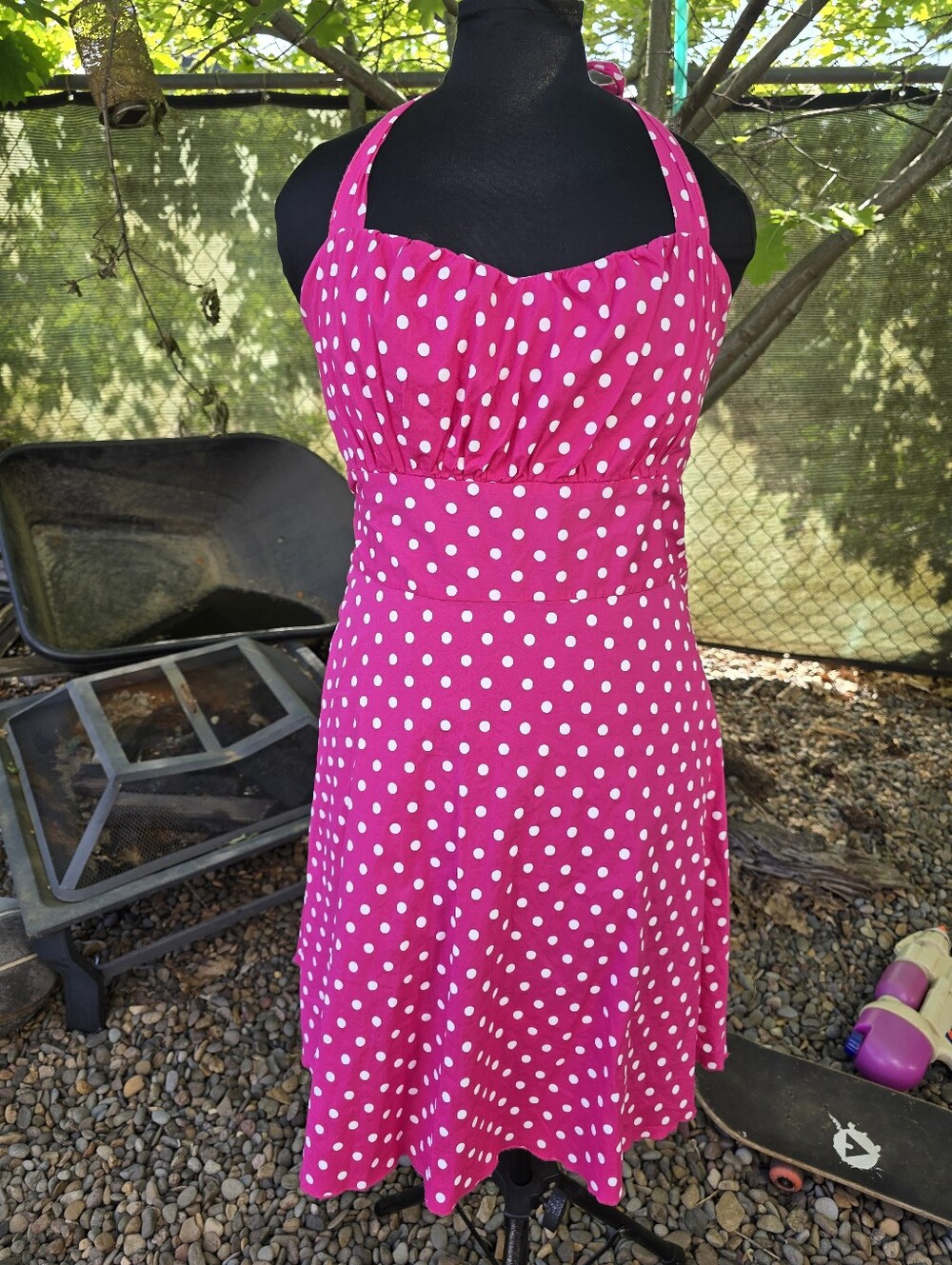 Vtg 50's Hot Pink Polka Dot Halter Dress Retro Rockabilly Swing Old Hollywood